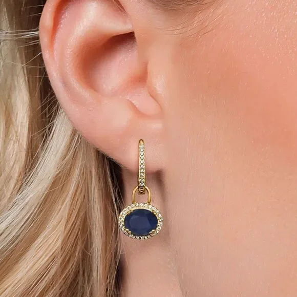 18K Yellow Gold 925 with 5.84 Cttw Navy Blue Sapphire Oval French Lock Earrings